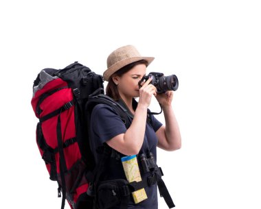 Yaşlı kadın turist beyazlar içinde izole edilmiş.