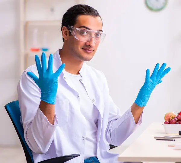 若い栄養専門家は 研究室で食品をテスト — ストック写真