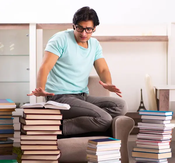 Male Student Many Books Home — Stok fotoğraf