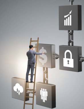 Engelleme zinciri kripto para birimi konsepti içindeki işadamı