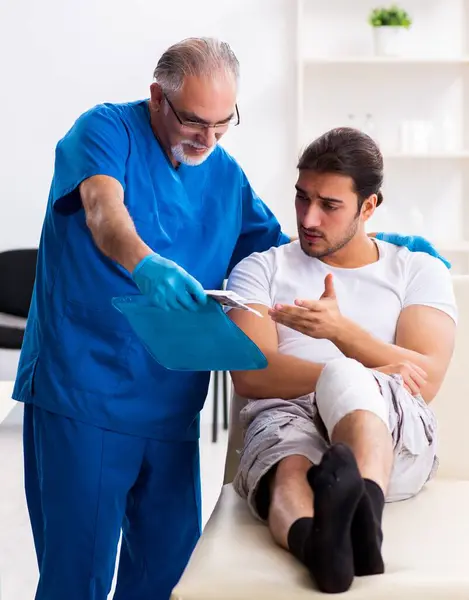 Leg injured man visiting doctor in first aid concept