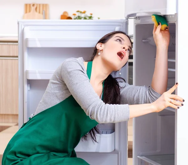 The young woman cleaning fridge in hygiene concept