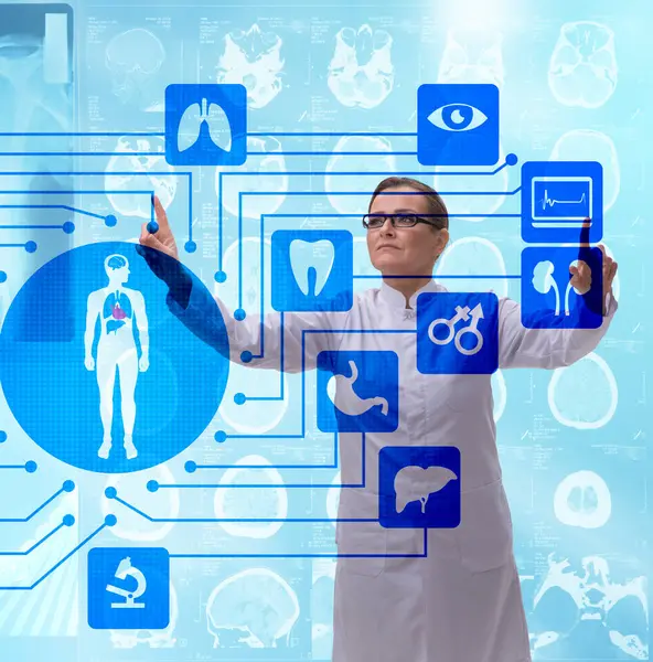 Teletıp fütüristik konseptinde kadın doktor.