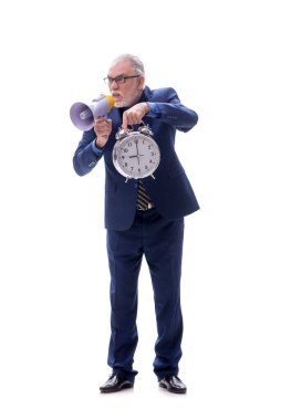 Zaman yönetimi kavramındaki eski patron beyaza izole edilmiş