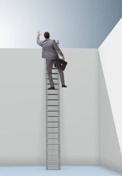 Zakenman Die Een Ladder Beklimt Aan Problemen Ontsnappen — Stockfoto