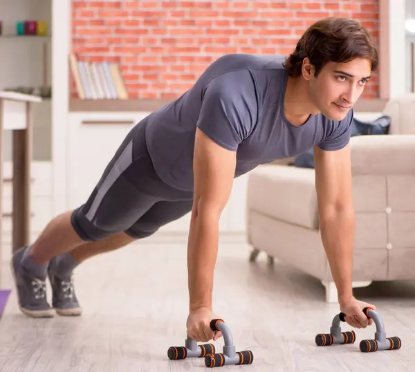 Young Handsome Man Doing Sport Exercises Home — Stock Photo, Image