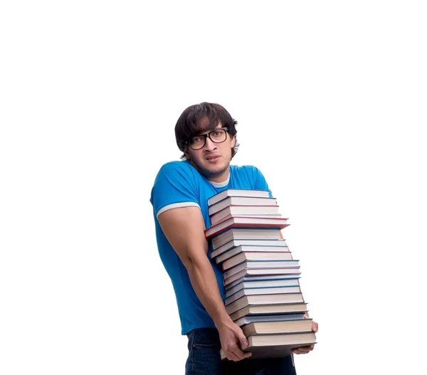 Студент Мужчина Многими Книгами Изолированными Белому — стоковое фото