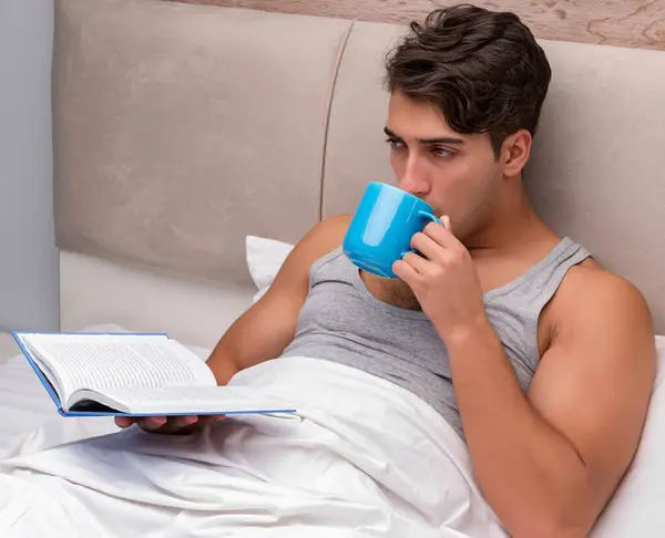 Man Reading Book Bed — Stock Photo, Image
