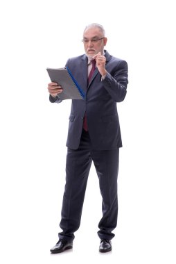 Yaşlı bir erkek işçi beyazda izole edilmiş.