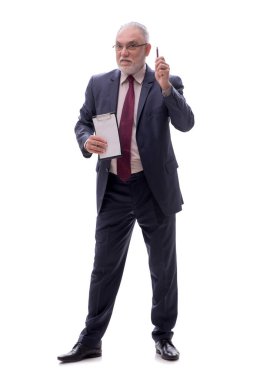 Yaşlı bir erkek işçi beyazda izole edilmiş.