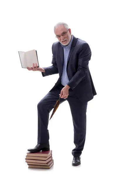 Velho Chefe Masculino Segurando Pena Isolada Branco — Fotografia de Stock