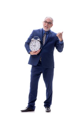 Zaman yönetimi kavramındaki eski patron beyaza izole edilmiş