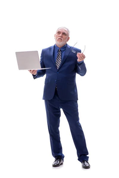 Betagter Geschäftsmann Hält Laptop Isoliert Auf Weißem Grund — Stockfoto