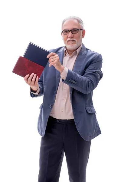Viejo Profesor Sosteniendo Libro Aislado Blanco — Foto de Stock