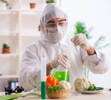 Laboratuvarda çalışan bilim adamı Gmo meyveleri ve sebzeler üzerinde çalışıyor.