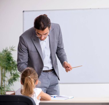 Sınıfta genç kızla birlikte olan öğretmen.