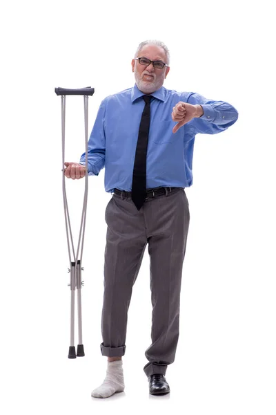 Old Male Boss Crutches Isolated White — Stock Photo, Image