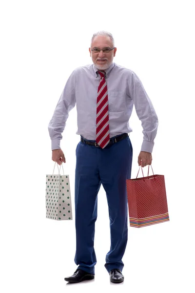 Velho Patrão Segurando Sacos Isolados Branco — Fotografia de Stock
