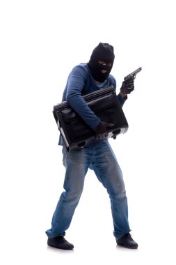 Genç soyguncu beyaz çantayla izole edilmiş.