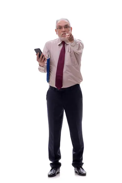 Oude Mannelijke Baas Praten Telefoon Geïsoleerd Wit — Stockfoto