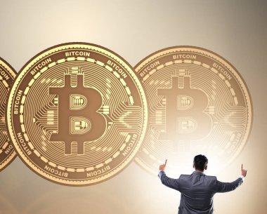 Doğru bitcoins cryptocurrency blockchain kavram yürümeye İşadamı