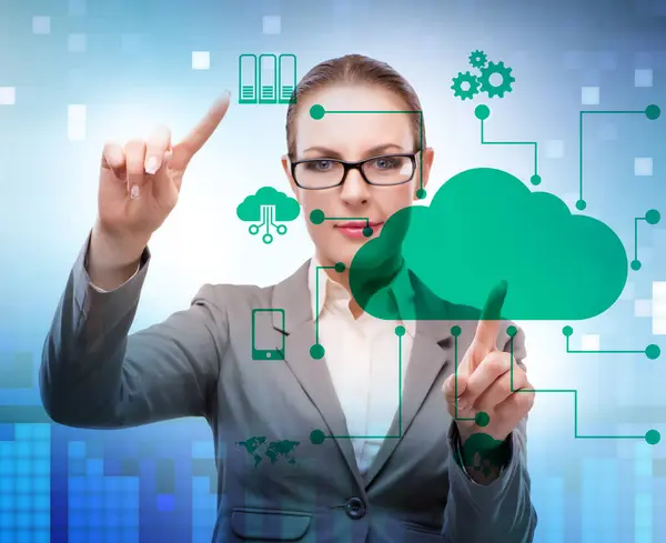 Cloud Computing Concept Woman Pressing Buttons — Stock Photo, Image