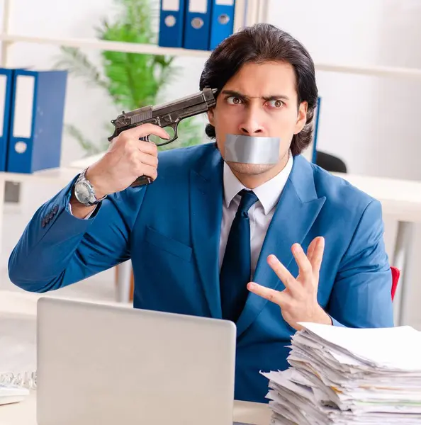 Young Male Employee Tape Mouth — Stock Photo, Image