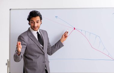 Genç yakışıklı iş adamı beyaz tahtanın önünde.