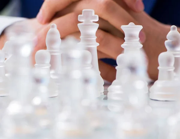 Young Businessman Playing Glass Chess Office — Stock Photo, Image