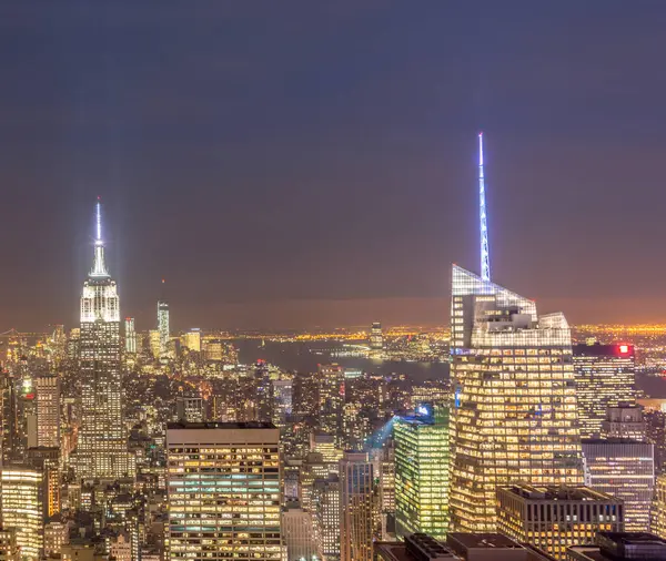 Het Nachtzicht Van New York Manhattan Tijdens Zonsondergang — Stockfoto