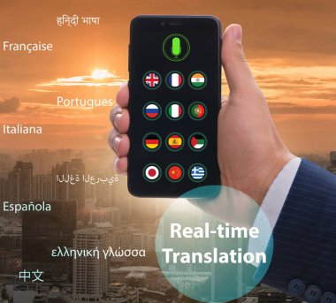 The concept of real time translation with smartphone app clipart