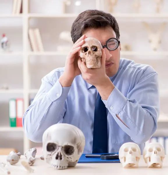Funny Crazy Professor Studying Human Skeleton — Stock Photo, Image