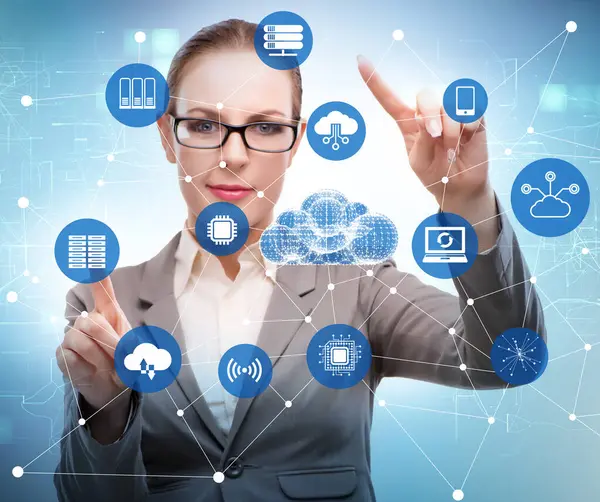 Cloud Computing Concept Woman Pressing Buttons — Stock Photo, Image