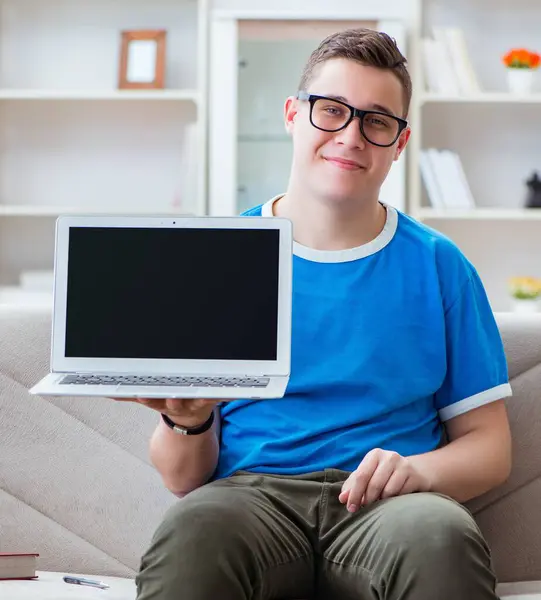Young Student Preparing Exams Studying Home Sofa — Stock Photo, Image