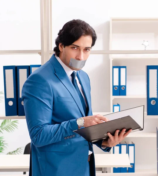 Young Male Employee Tape Mouth — Stock Photo, Image