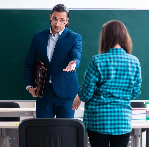 Young Handsome Teacher Female Student Classroom — Stock Photo, Image