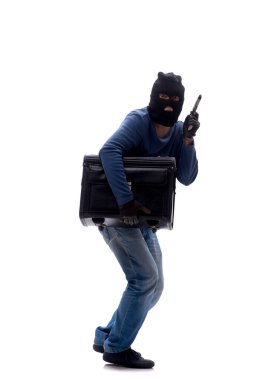 Genç soyguncu beyaz çantayla izole edilmiş.