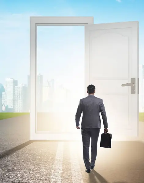 The businessman in front of door in business opportunities concept