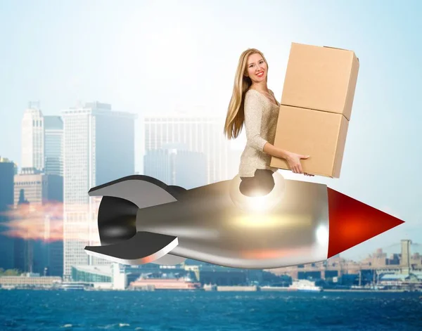 Woman Fast Box Delivery Service Rocket — Stock Photo, Image