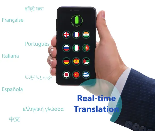 Concepto Traducción Tiempo Real Con Aplicación Para Teléfonos Inteligentes —  Fotos de Stock