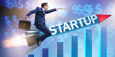 Roketle uçan iş adamı konsepti