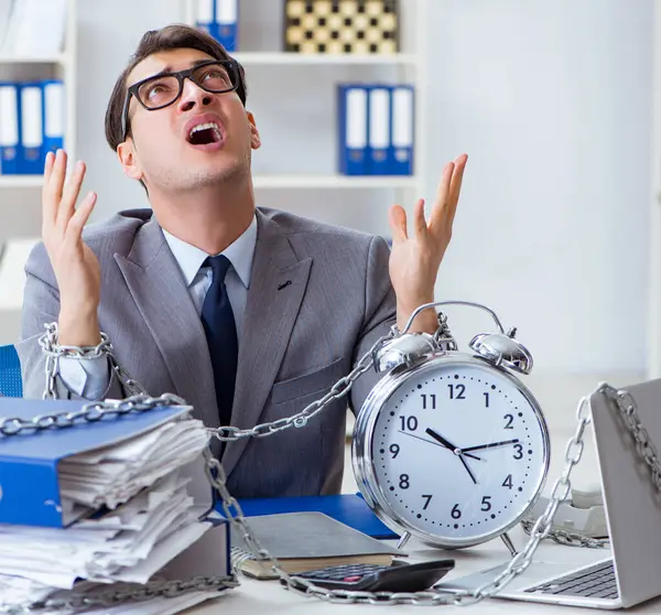 Busy Employee Chained His Office Desk — Stock Photo, Image