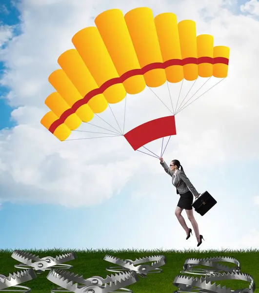Zakenvrouw Die Val Loopt Parachute — Stockfoto