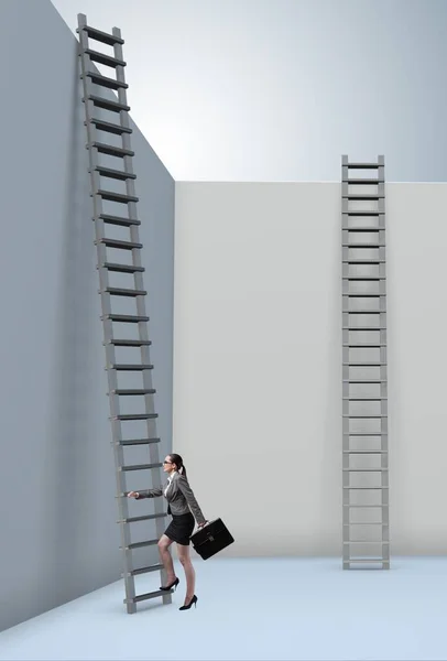 Die Geschäftsfrau Steigt Auf Eine Leiter Problemen Entkommen — Stockfoto