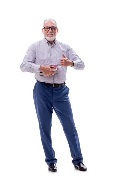 Old Male Boss Holding Books Isolated White — Stock Photo, Image