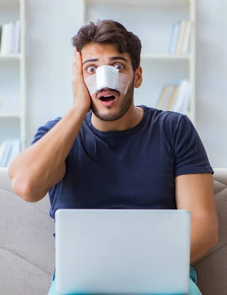 Young Man Recovering Healing Home Plastic Surgery Nose Job — Stock Photo, Image