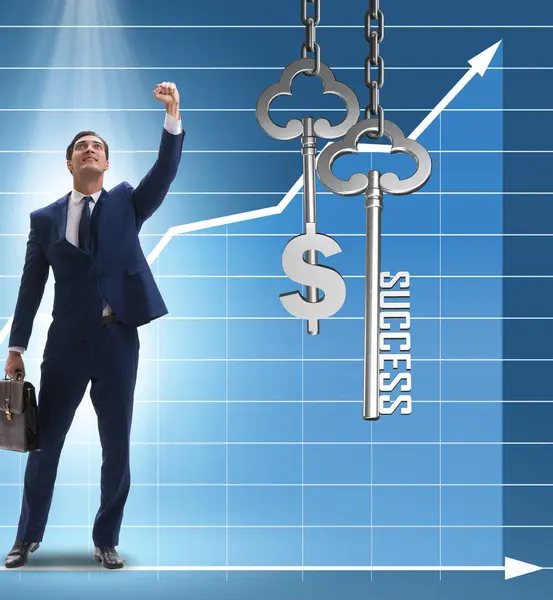 The businessman excited in success and money concept