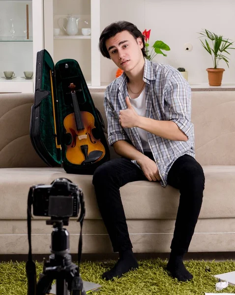 Young Male Blogger Playing Violin Home — Stock Photo, Image