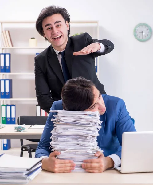 Two Male Colleagues Unhappy Excessive Work — Stock Photo, Image