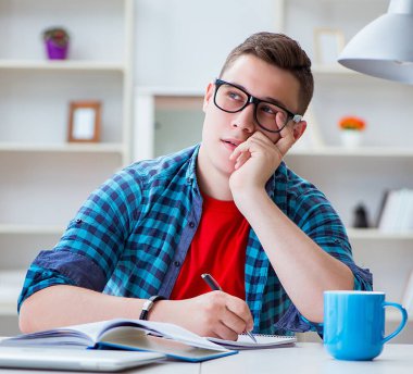 Genç kız sınavlara hazırlanıyor. İçeride masa başında ders çalışıyor.